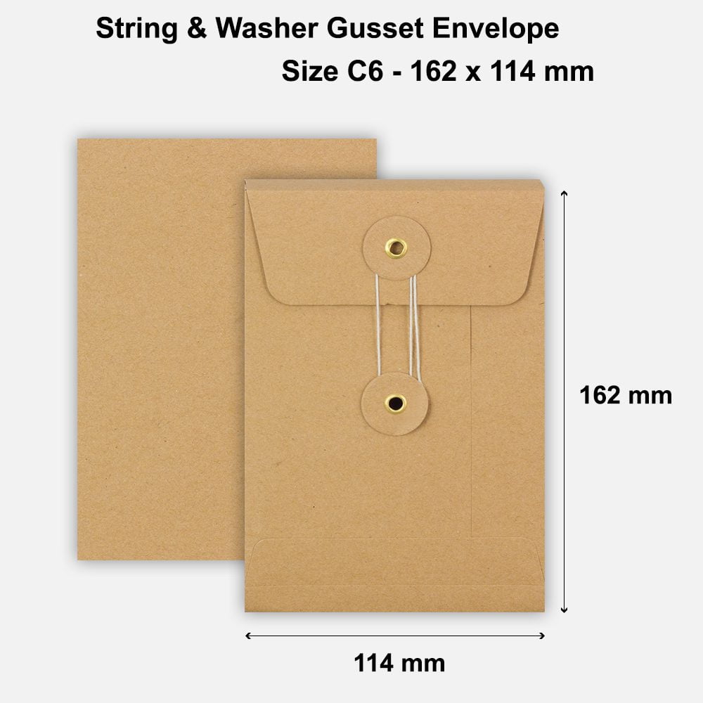 C6 Size String & Washer Envelopes Bottom Tie Manilla Brown With Gusset