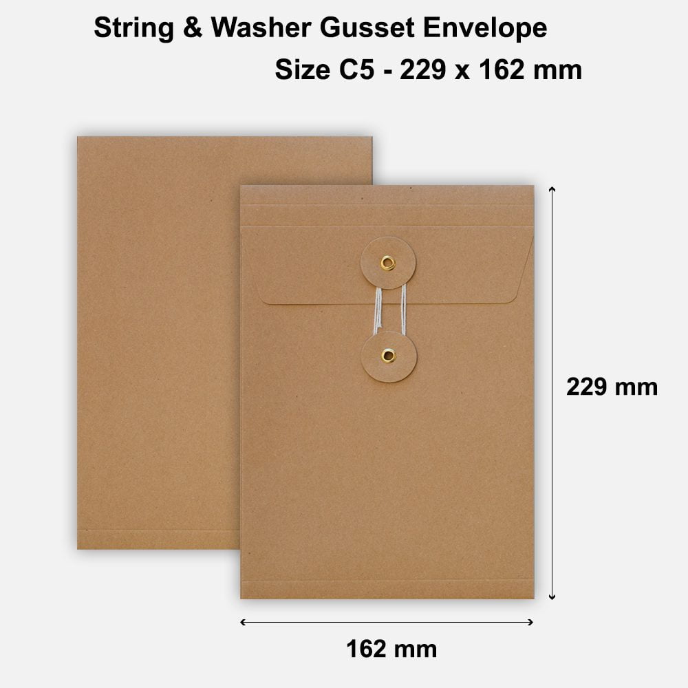 C5 Size String & Washer Envelopes Bottom Tie Manilla Brown With Gusset